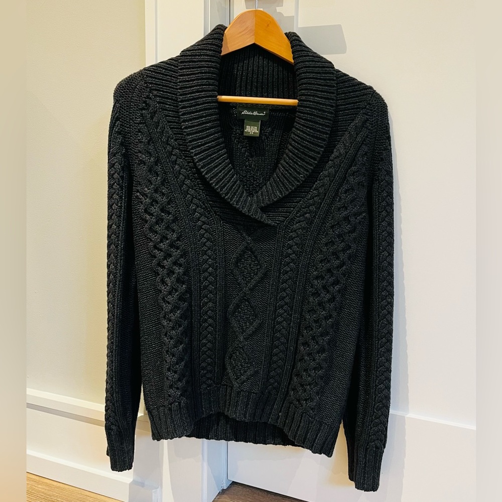 🖤Eddie Bauer Women’s Aran Knit Charcoal Fisherman’s Sweater (NWOT), Size S